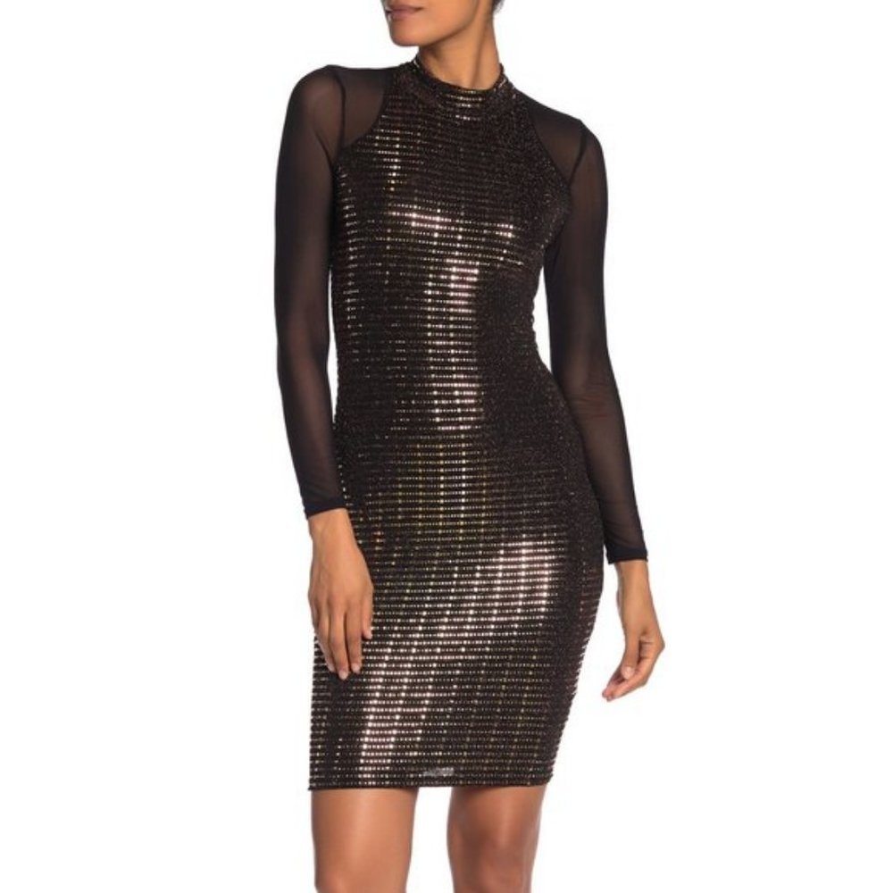Black and Gold Max & Ash Sequin Mesh Mock Neck Bodycon Mini Dress